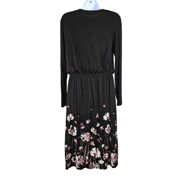 Black Floral Womens Midi Dress With Drawstring Waist Size Med Career Dinner - Picture 6 of 11